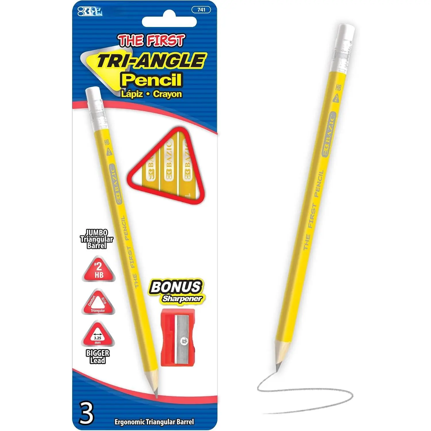 Pencil  Pre-Sharpened #2 HB Triangle  Pencils, Latex Free Eraser,  Pre Sharpened Yellow Pencils for School (3/Pack), 1-Pack | 3.25 mm HB lead,  triangular barrel, eraser top, bonus sharpener, beginners, , early grades