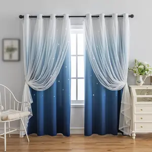 Colourful Stripe Star Cut-Out Blackout Curtains for Bedroom,2 Mix of & Tulle,Pretty Window for Kids Room 1 Panel (W52 x L63 Dark Blue)