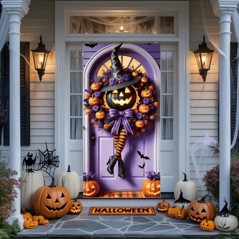 Halloween Door Cover Flag Set, 5-Piece Porch Banner, Pumpkin Witch Hat Garland, Wind-Resistant, Perfect for Party Decor, Indoor/outdoor Use