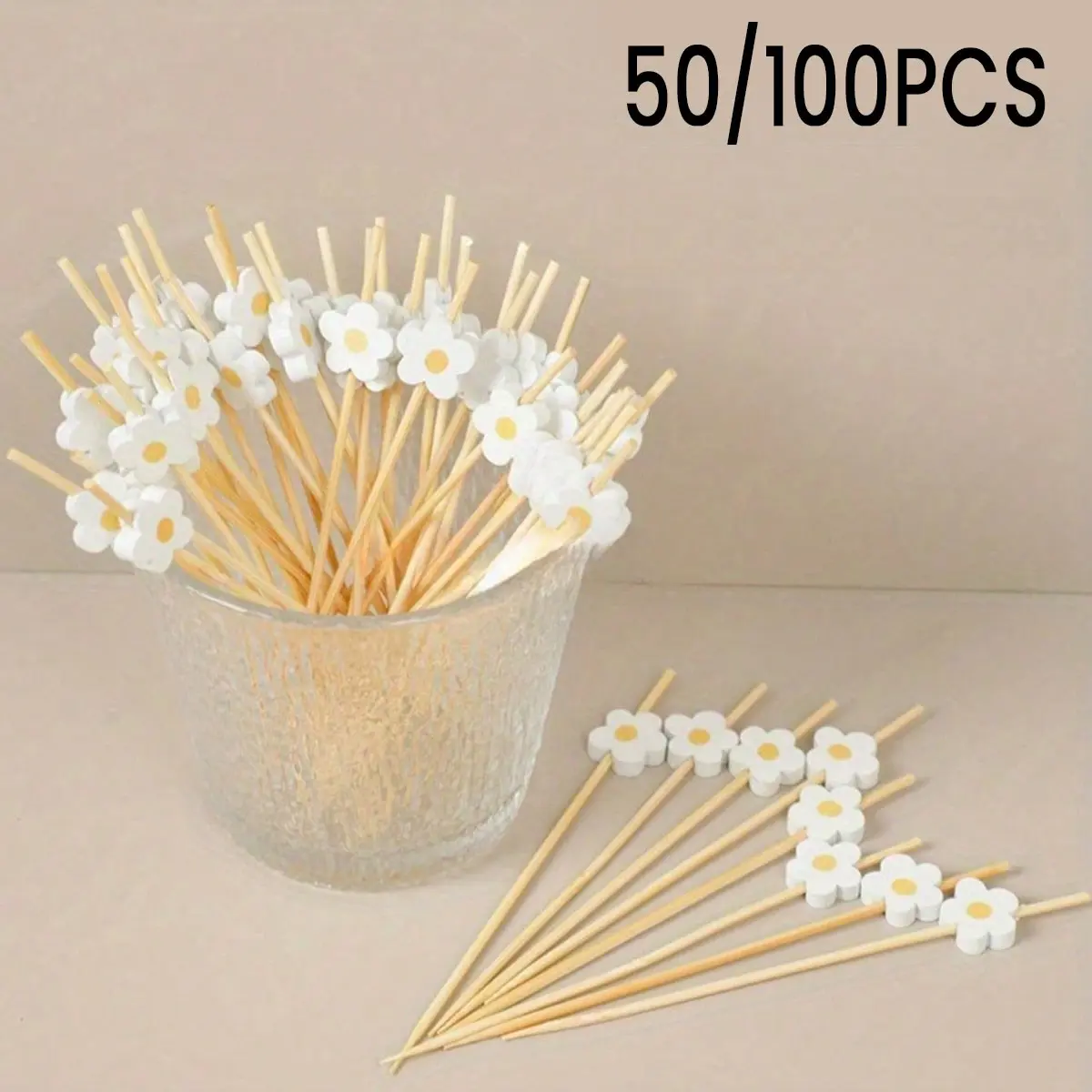 50/100 Pcs Bamboo Daisy Theme Fruit Forks, Party Dessert Salad Picks, Cocktail Sticks, Wooden Wedding Birthday Party Supplies
