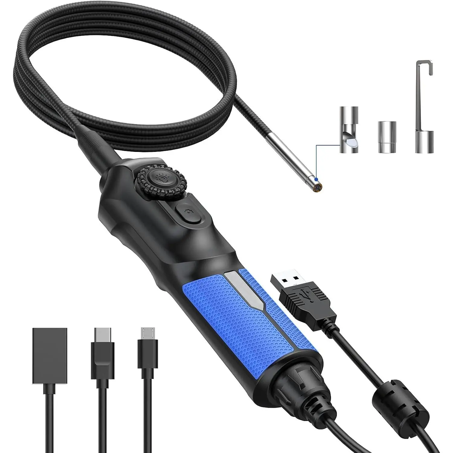 E021 USB Endoscope Borescope Inspection Tool, 720P Resolution, 6 Adjustable LED Lights, Compatible with PC and MUCAR Scanners