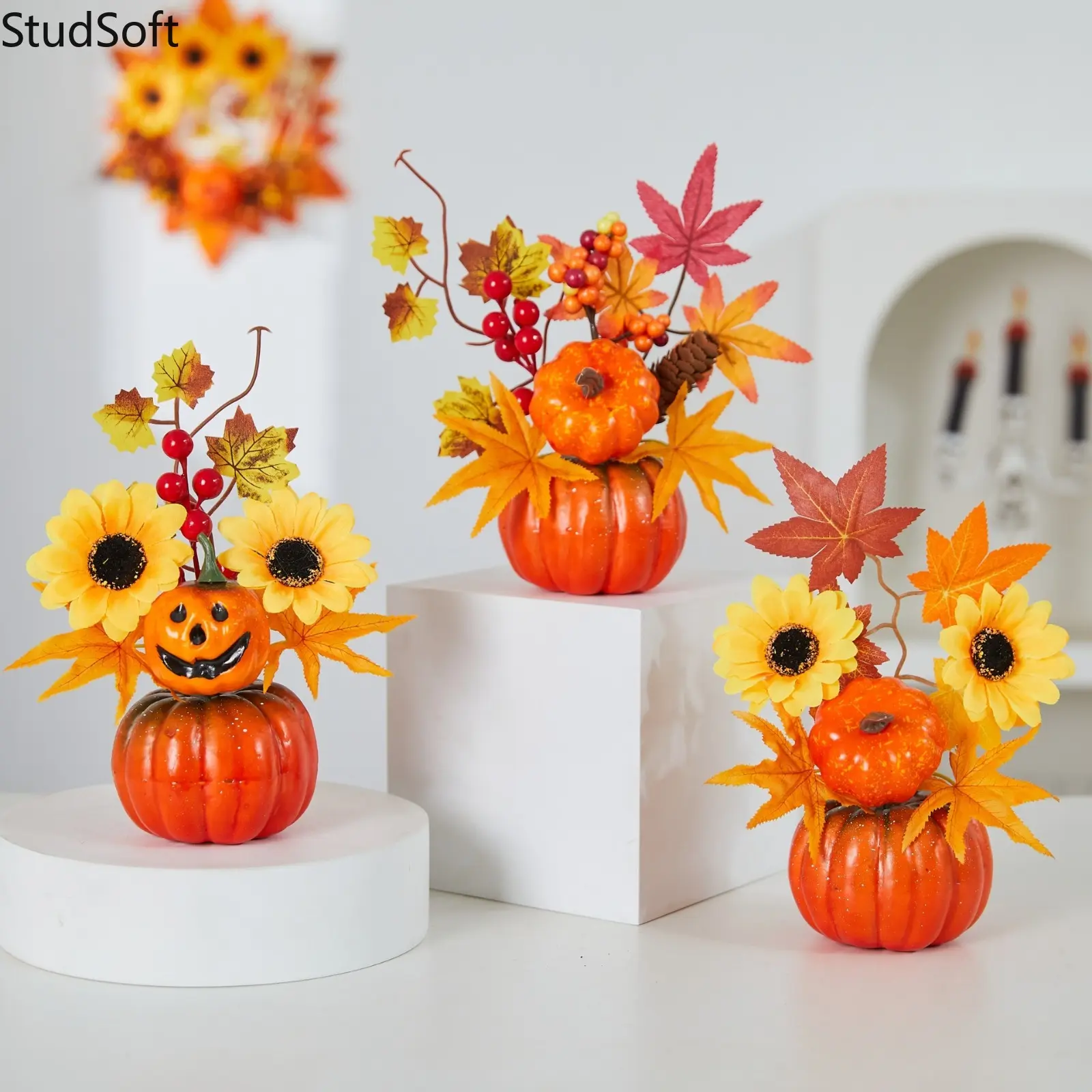 Fall Pumpkin Centerpiece Decor Sunflower Maple Leaves Artificial Flowers Autumn Thanksgiving Table Statue Fake Berry Craft Gift for Home Kitchen Party