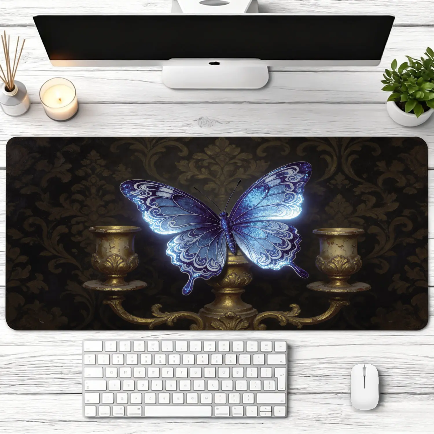 Extra Large glowing blue butterfly on vintage golden candlestick Mouse Pad,Non Slip Rubber Pad,Desktop Decoration Drotection Pad,Washable,Lock Edge Multi Size,Premium Multipurpose Mousepad For Home,Office,Gift for Family and Friends