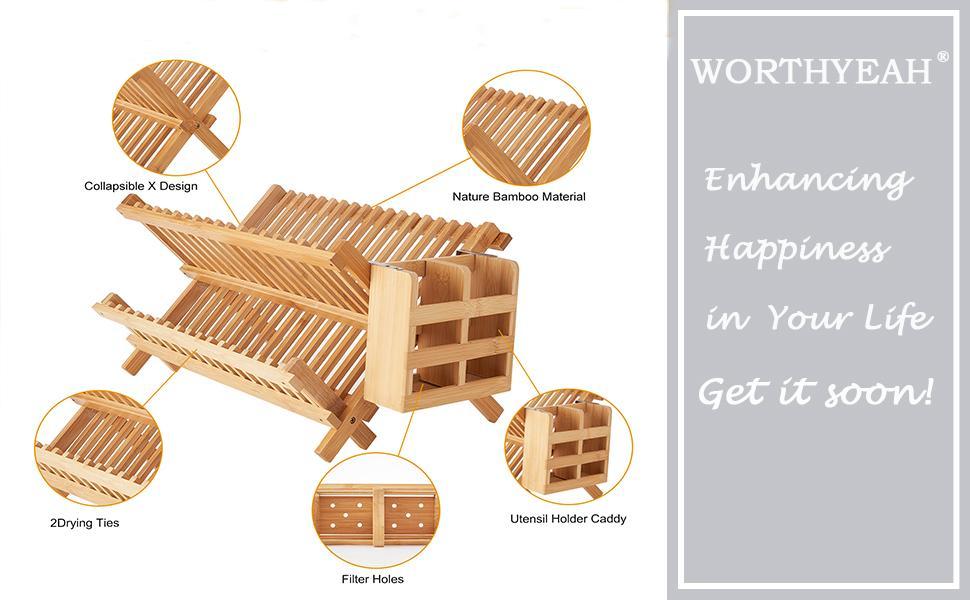 AGS Bamboo Dish Drying Rack, 2 Tier Collapsible Dish Rack with Utensil Holder, Wooden Dish Drying Rack for Kitchen Counter, Large Folding Drying Holder, Dish Drainer 34 pcs Grid