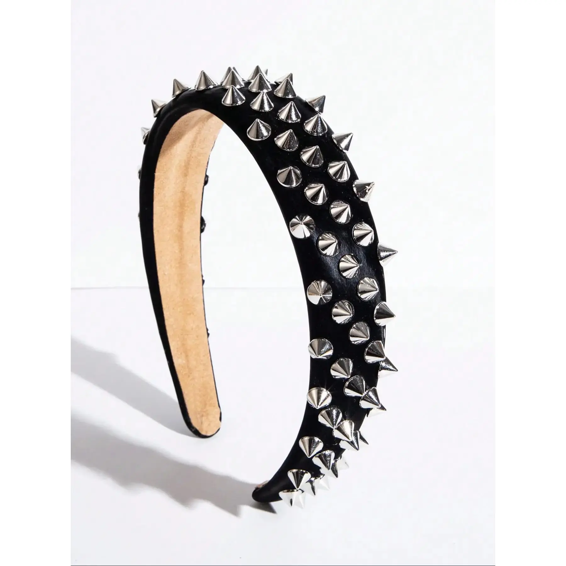 Punk Style Studded Premium Black Leather Headband - Unisex Solid Color Streetwear Fashionable Hair Accessory, All Seasons