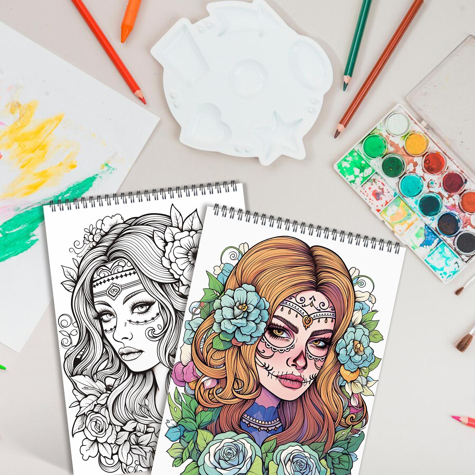 Sugar Skull Coloring Book Set, Creative Coloring, Art Materials, Relaxing DIY Art Therapy, Perfect Gift for Teens & Adults, Ideal for New Year, Valentine's Day, Halloween, DIY Painting