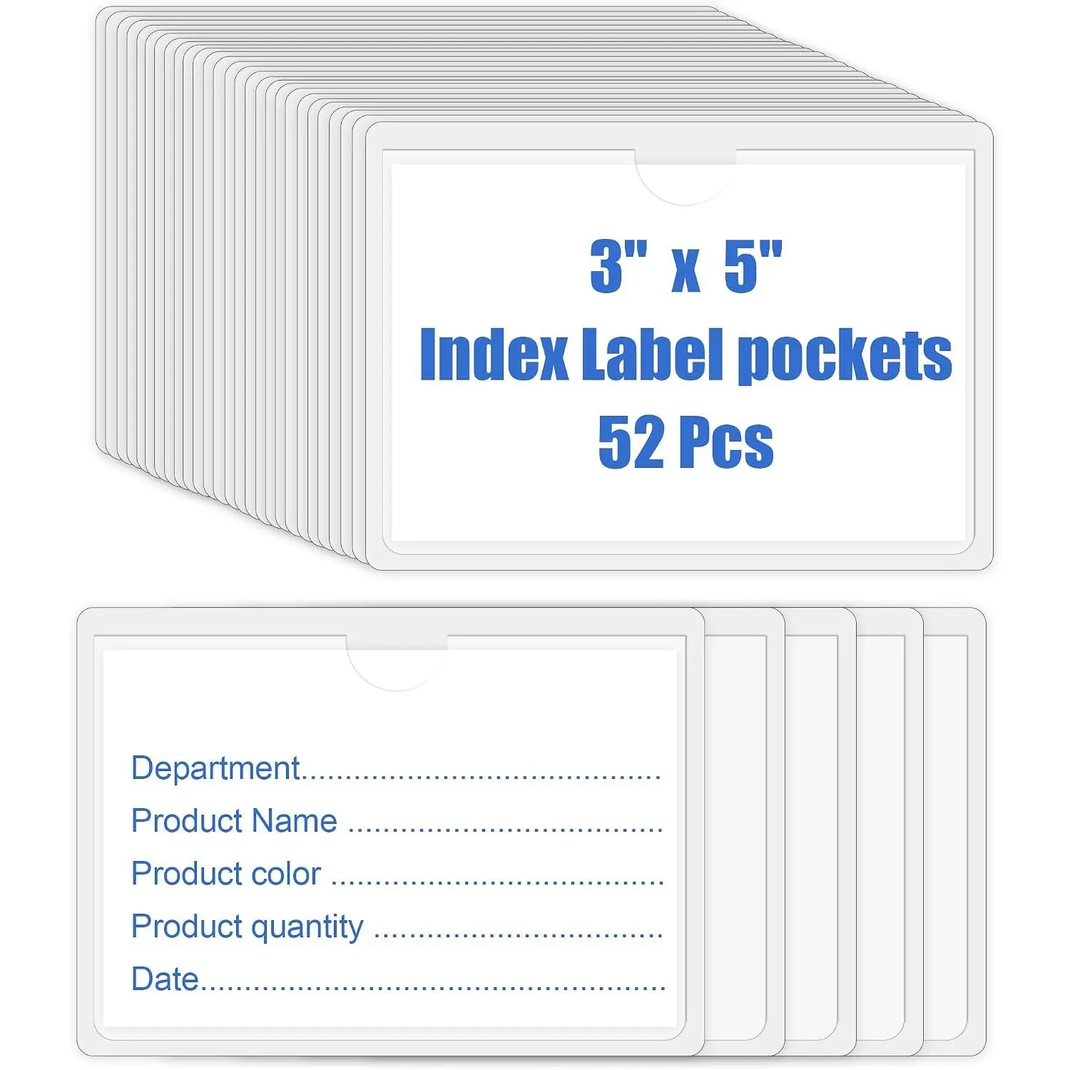 52 count Clear Index Card Holder Self-Adhesive 3"X5" Top Open Label Holder |  Tote Label Stickers Removable , Storage Bin Labels for Library&Office&Classroom Organization