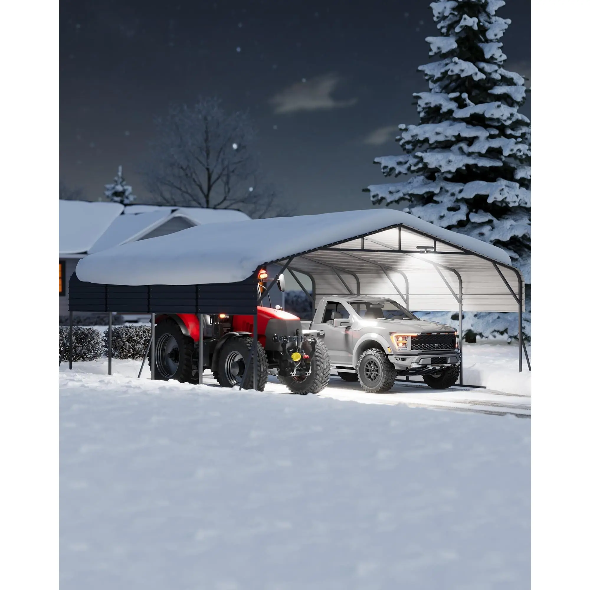 20x20FT Metal Carport with LED Light, Heavy-Duty Portable Garage, Removable PE Sidewalls, Galvanized Steel Roof for Boats & Pickup Trucks