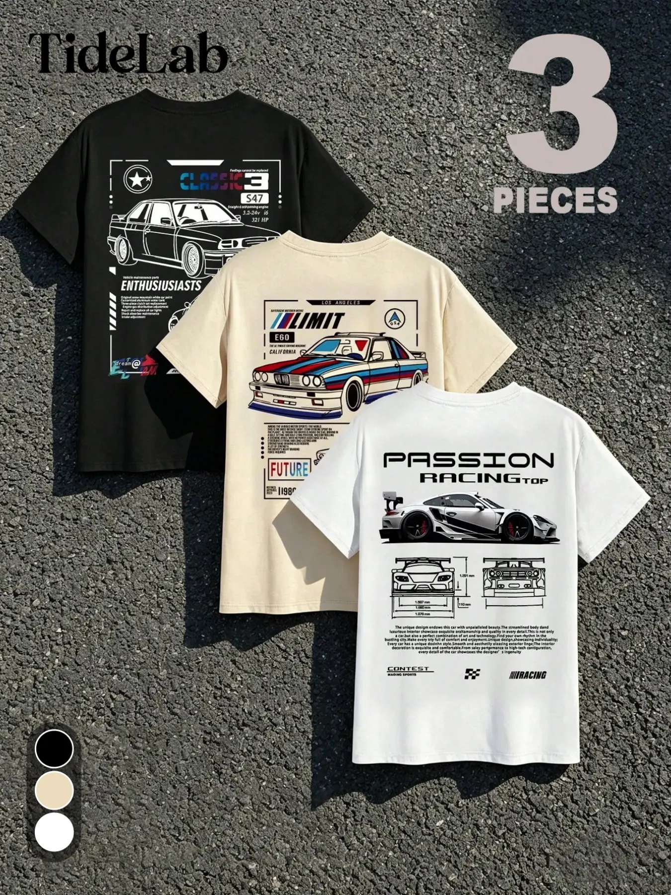 3-Pack Unisex Car Racing Graphic Print T-Shirts, Loose-Fit Breathable Casual Tees, American High Street Fashion, Long Sleeve Top Without Button