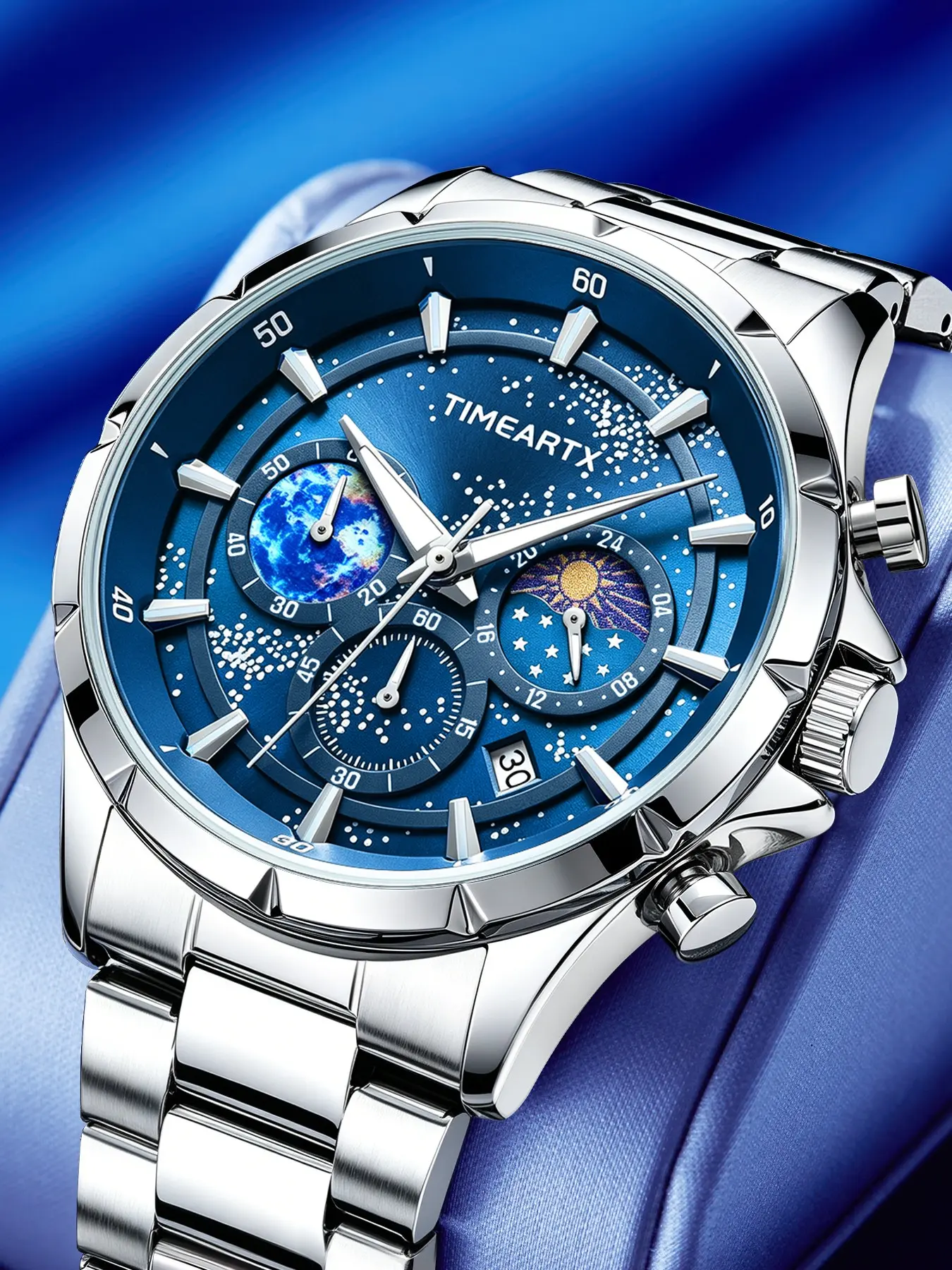 TIMEARTX Luxury Men's Watches High Quality Watches Fashion Starry Design Round Quartz Watch Luminous Quartz Analog Wristwatch Business Moon Phase Casual Watch Quartz Movement Stainless Steel Wristwatch
