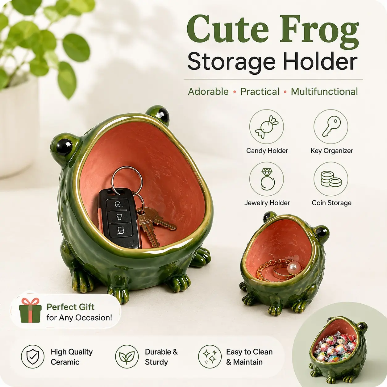 Cute Big Mouth Frog Key Bowl, Ceramic Catchall Tray, Funny Animal Trinket Dish, Quirky Home Desk Decor, Housewarming Gift