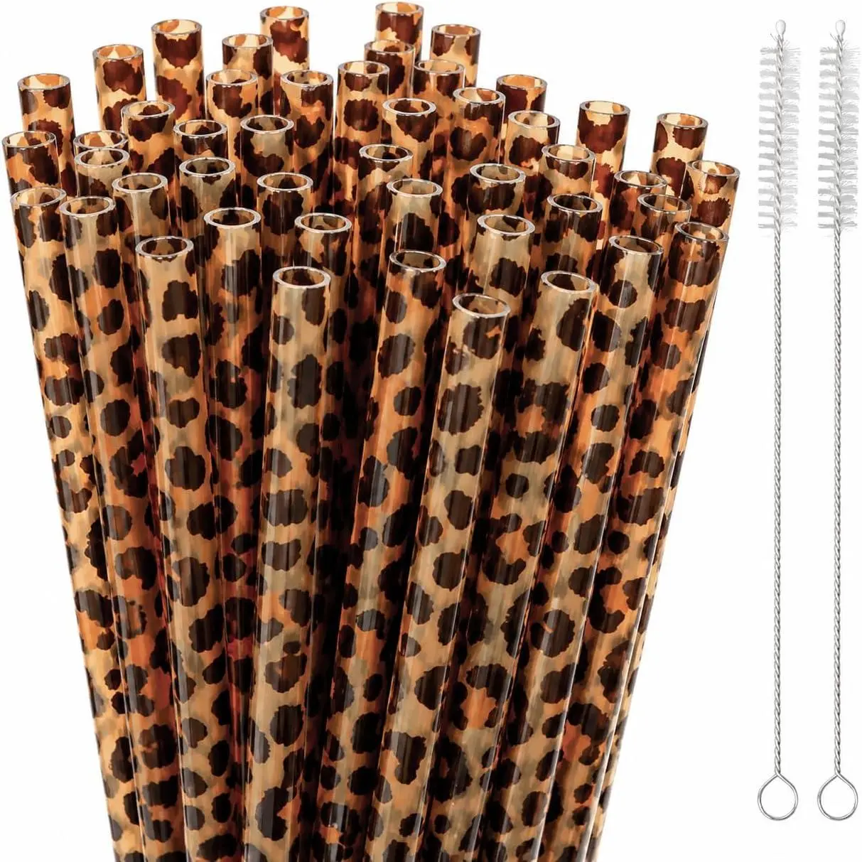 50 count  Leopard Straws with 2 Cleaning Brushes, 9.05 Inch Plastic Drinking Straws for Tumblers,   Print Safari Birthday Party Favors