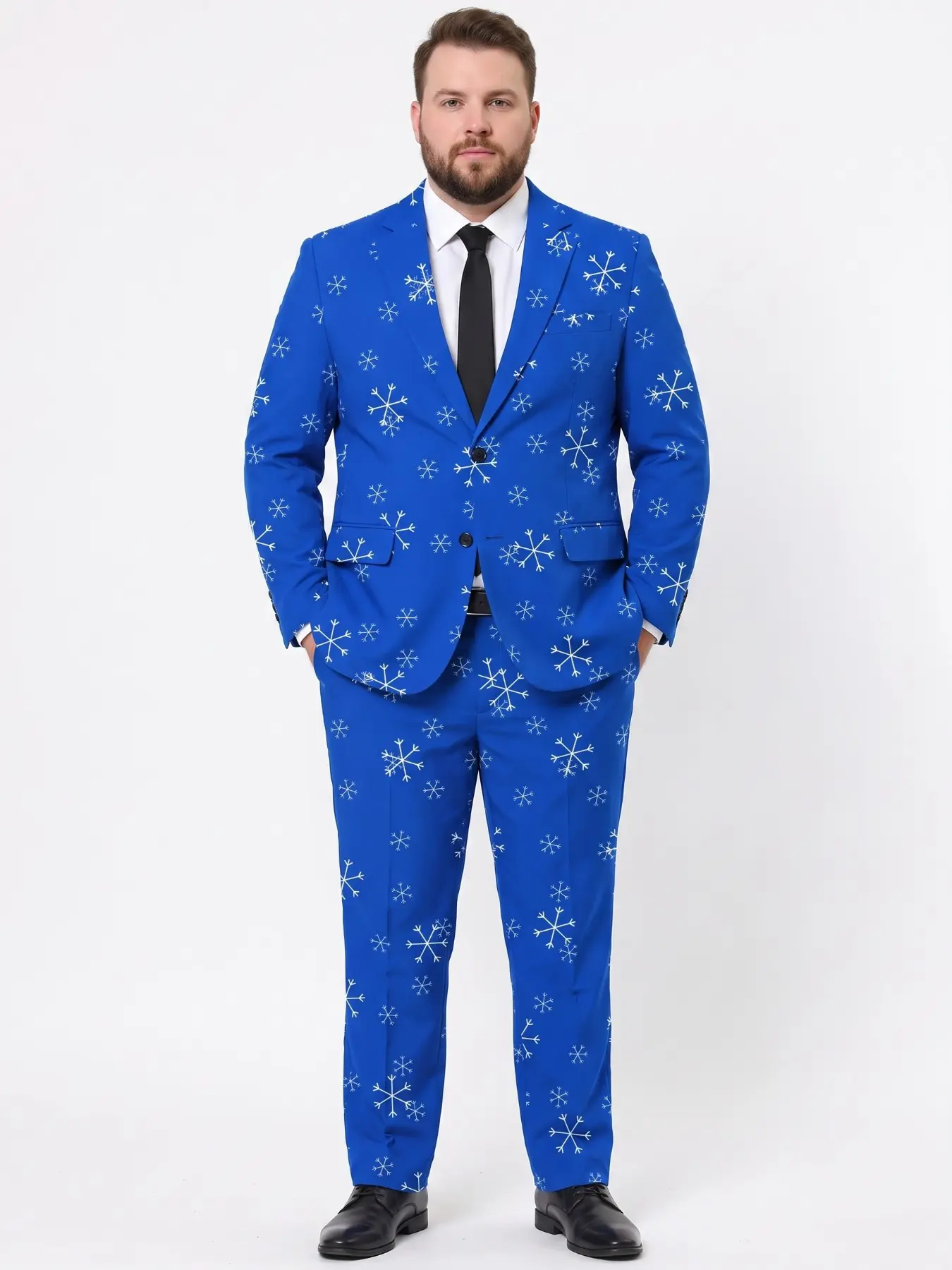 Plus-Size Men's Royal Blue Snowflake Print Suit Set - Men's Holiday Casual Formal Suit