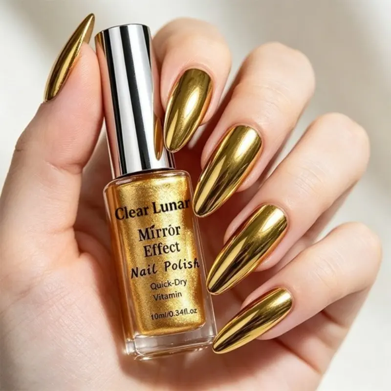 1Pc 10ml New Golden Color Metallic Mirror Nail Polish, Fast dry nail polish, Dries Quickly and Naturally, Long-Lasting High Gloss Effect, Easy To Apply, Creates A Cyberpunk Style Manicure, Salon-Quality Nails