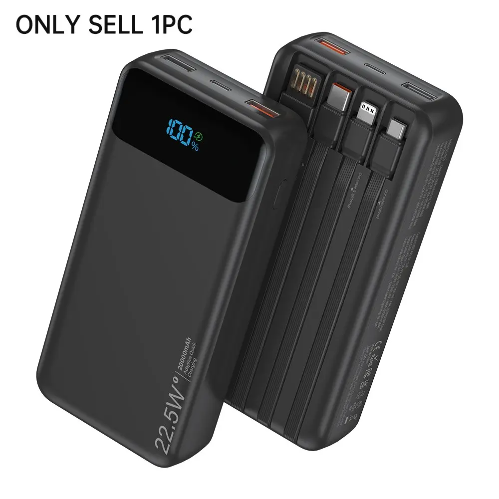 20000mAh portable high-capacity, with 4 cables, PD20W fast charging, USB C output/input, 6 outputs & 2 inputs, with an LED digital display screen, Portable Charger Powerbank, applicable to smart devices, an essential tool for outdoor camping