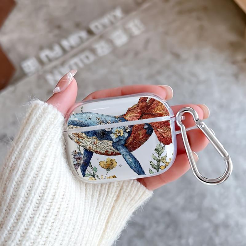 Whale in Bloom Pattern TPU Soft Protective Case for Apple AirPods 4/3/2/1/Pro/Pro2 Transparent Earphone Cover with Keychain Attachment