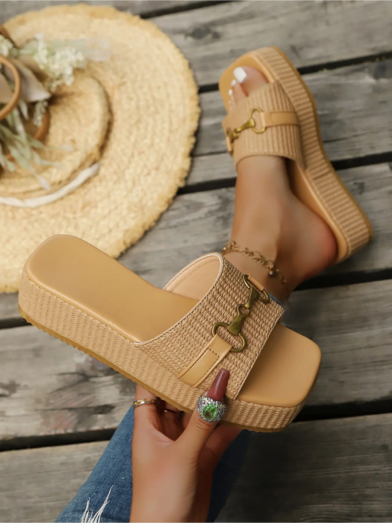 Vintage Horse Bit Buckle Woven Platform Slide Sandals for Women Open Toe Non Slip Chunky Rubber Sole Casual Outdoor Summer Slippers Black White Camel In Stock