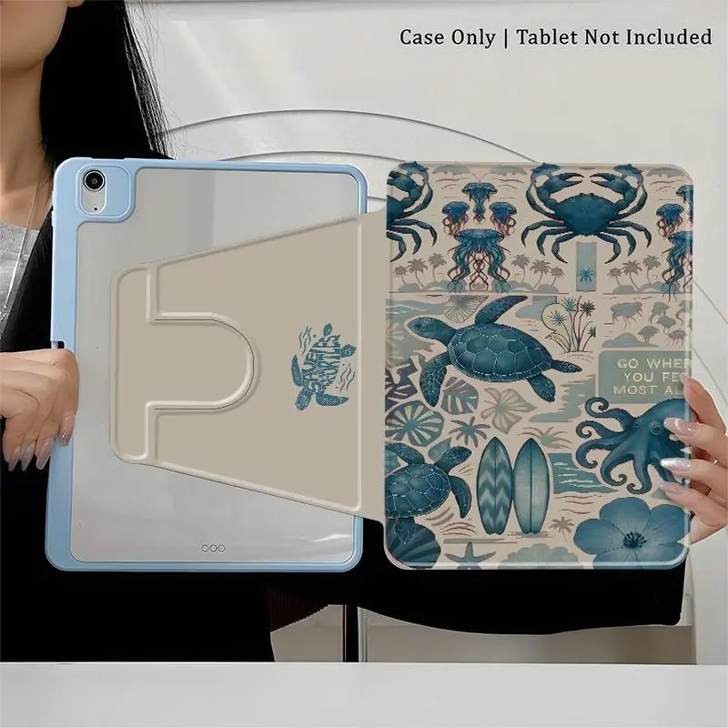 Blue Sea Creature Aesthetic iPad Case, 360° Rotatable Shockproof Protective Cover, Vintage Design, Slim Durable Tablet Case, Tablet Casing, For iPad (A16) 11th Gen&10th Gen, Ideal Gift for Ocean Lovers & Daily Device Protection