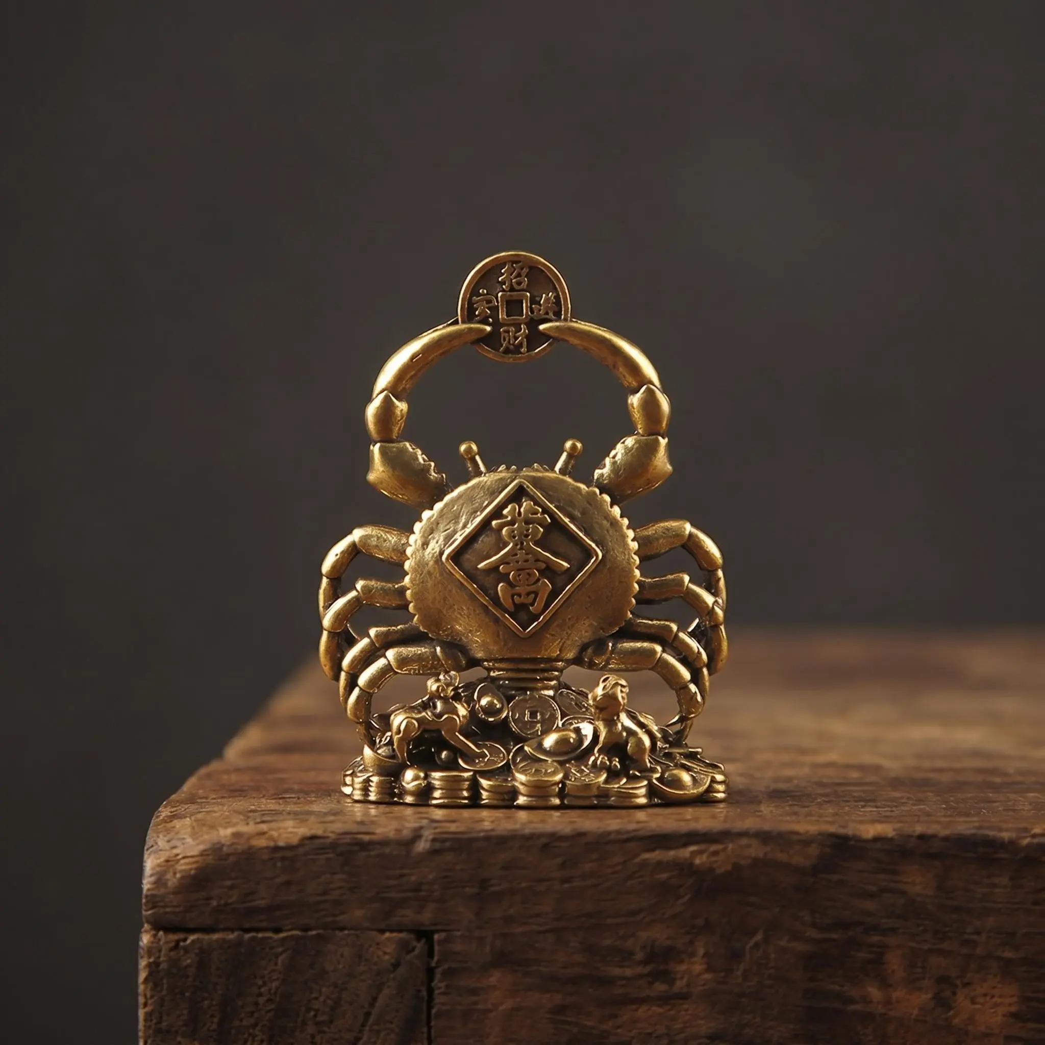 Vintage Polished Brass Crab Figurine Decorative, Pixiu Base with Wealth Coin Motif, Classic Traditional Hand-carved Cultural Ornament with Prosperity Blessing for Study & Workspace, Antique