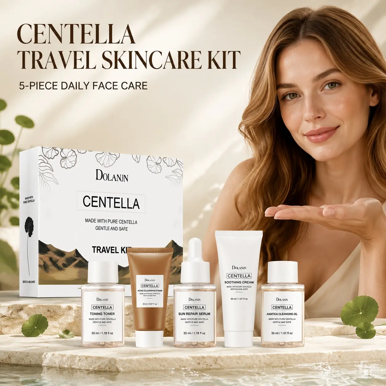 DOLANJN Centella Travel Skincare Set, 5-Piece Mini Face Care Kit with Toner, Facial Cleansing Foam, Face Serum, Soothing Cream and Cleansing Oil, Glycerin + Niacinamide + Sodium Hyaluronate, Hydrating Moisturizing Daily Routine, Hydration Kit