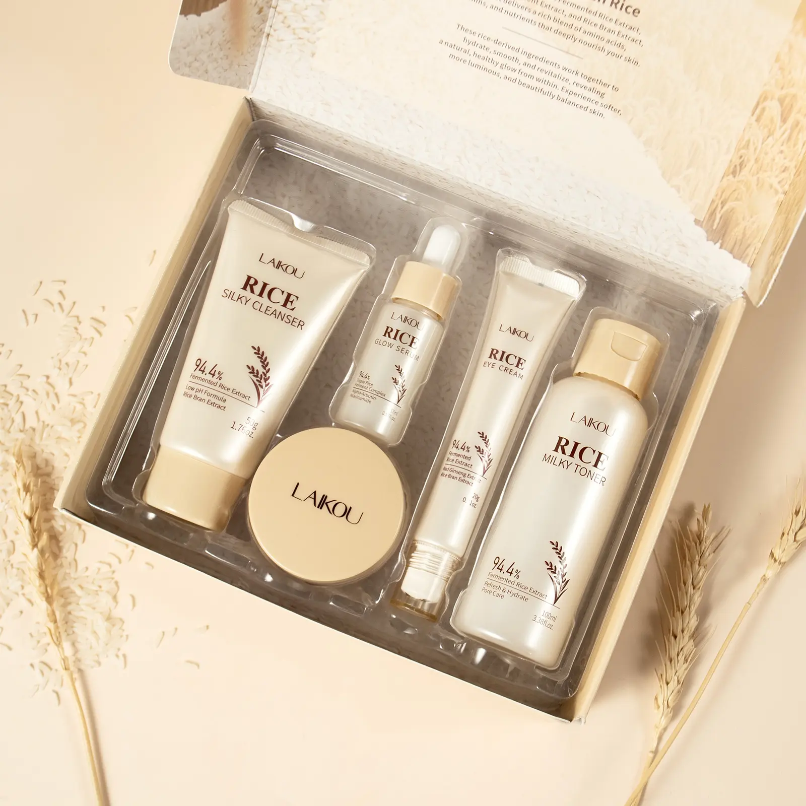 Laikou Rice Skincare Set, Beauty Gift Set, Hydrating Set, 5-piece rice extract skincare combination, including facial cleanser, toner, serum, eye cream, and facial care products