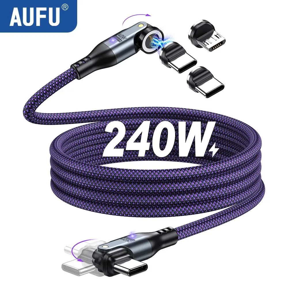 AUFU 9Pin 240W Magnetic Charger Cable 5A Fast Charging Mirco USB Type C Cable For Cellphone iPhone Xiaomi 540 Rotate Elbow Magnet Charge Data Cord
