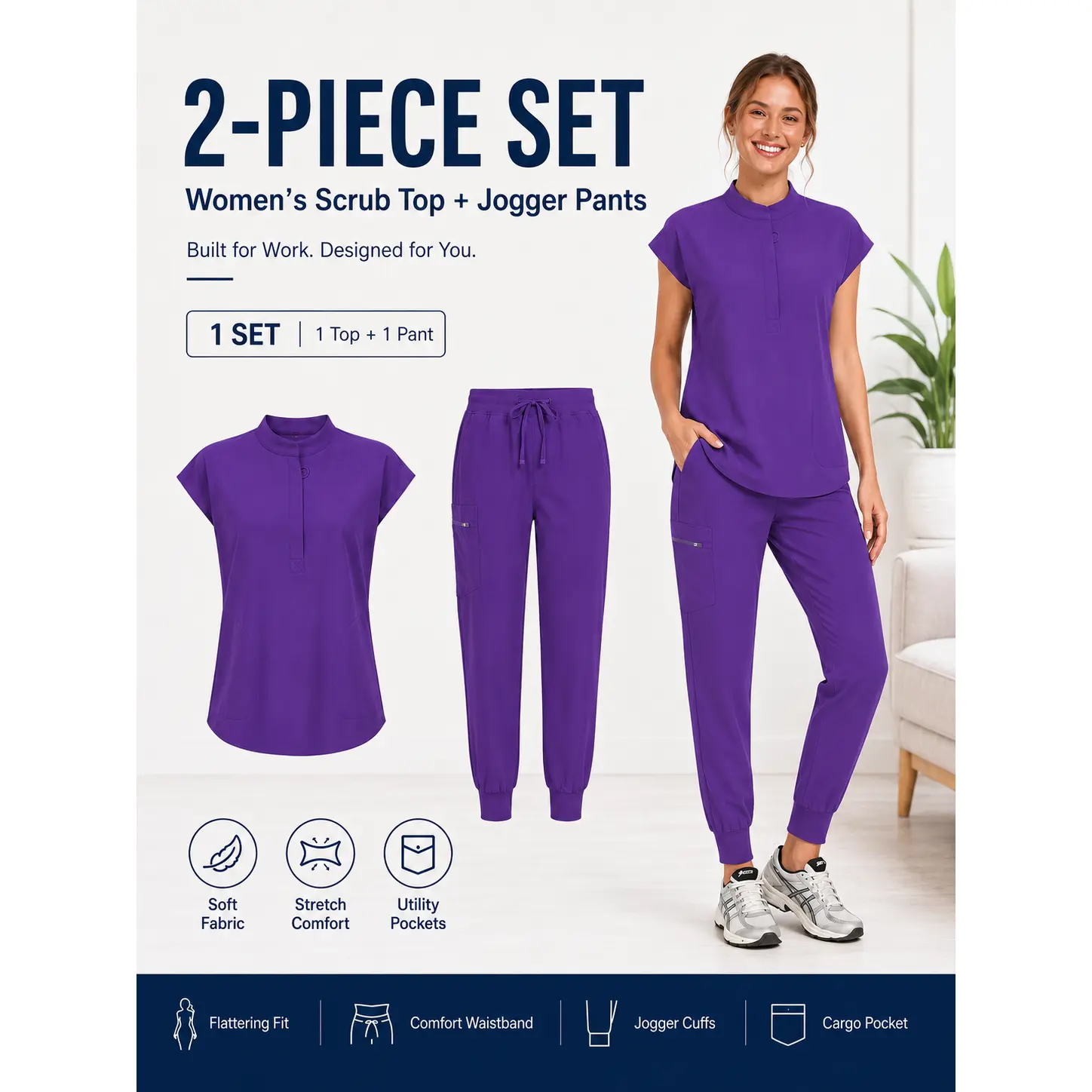 Women's Minimalist 2-Piece Purple Scrub Set, Solid Polyester Workwear with Zip Mandarin Collar Cap Sleeve Top and Ribbed Jogger Pants with Pockets, Clothes, Aesthetic, Ring, Uniforms, Adjustable, Loose, Fit, Simple, Preppy