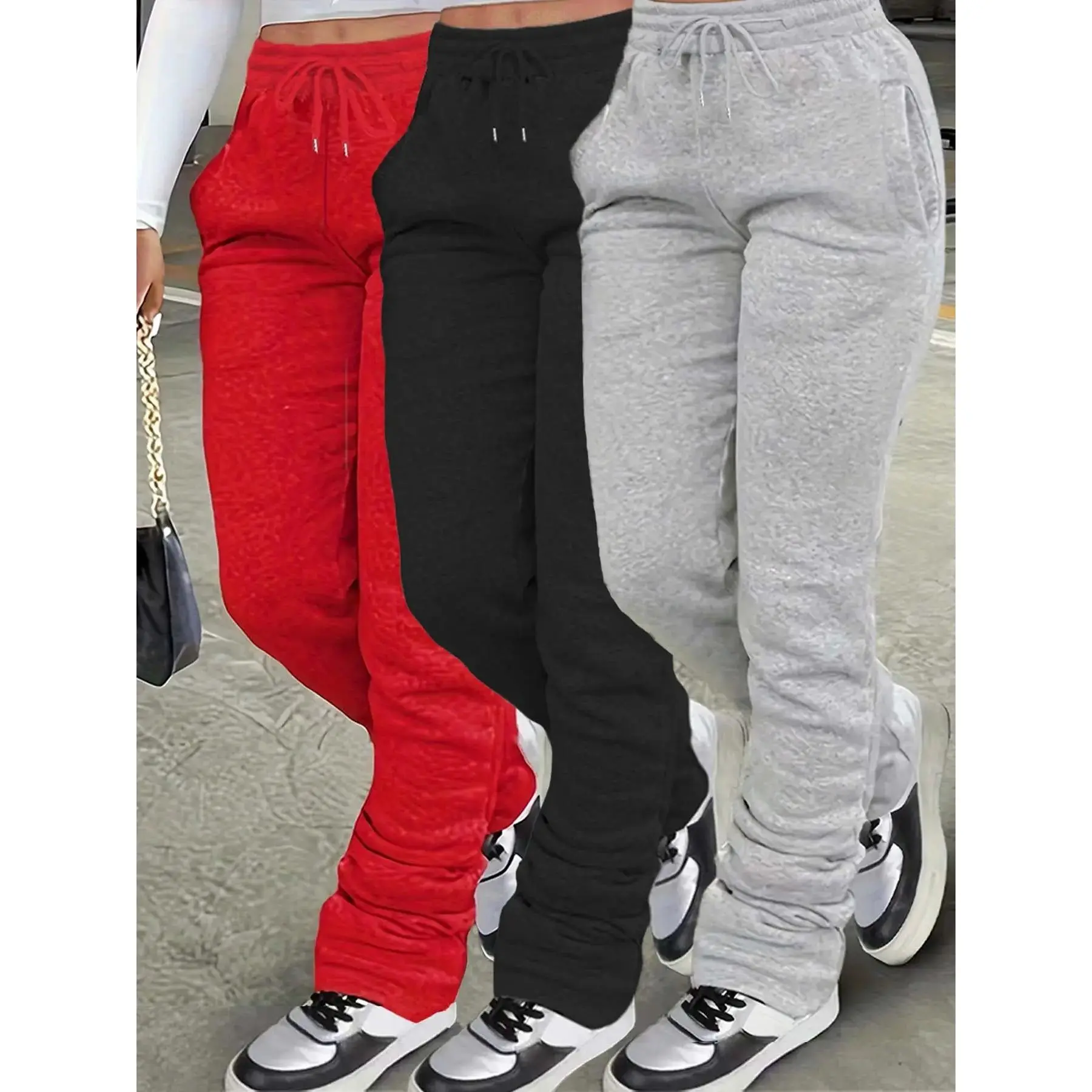 Women's Plain Pocket Drawstring Sweatpants, Casual Comfy Elastic Waist Jogger Pants for Daily Wear, Drawstring Stackable Pants for Tall Girl, Baggy Pants, Sweatpants for Women, Ladies Bottoms for All Seasons, Baggy Jogging Pants