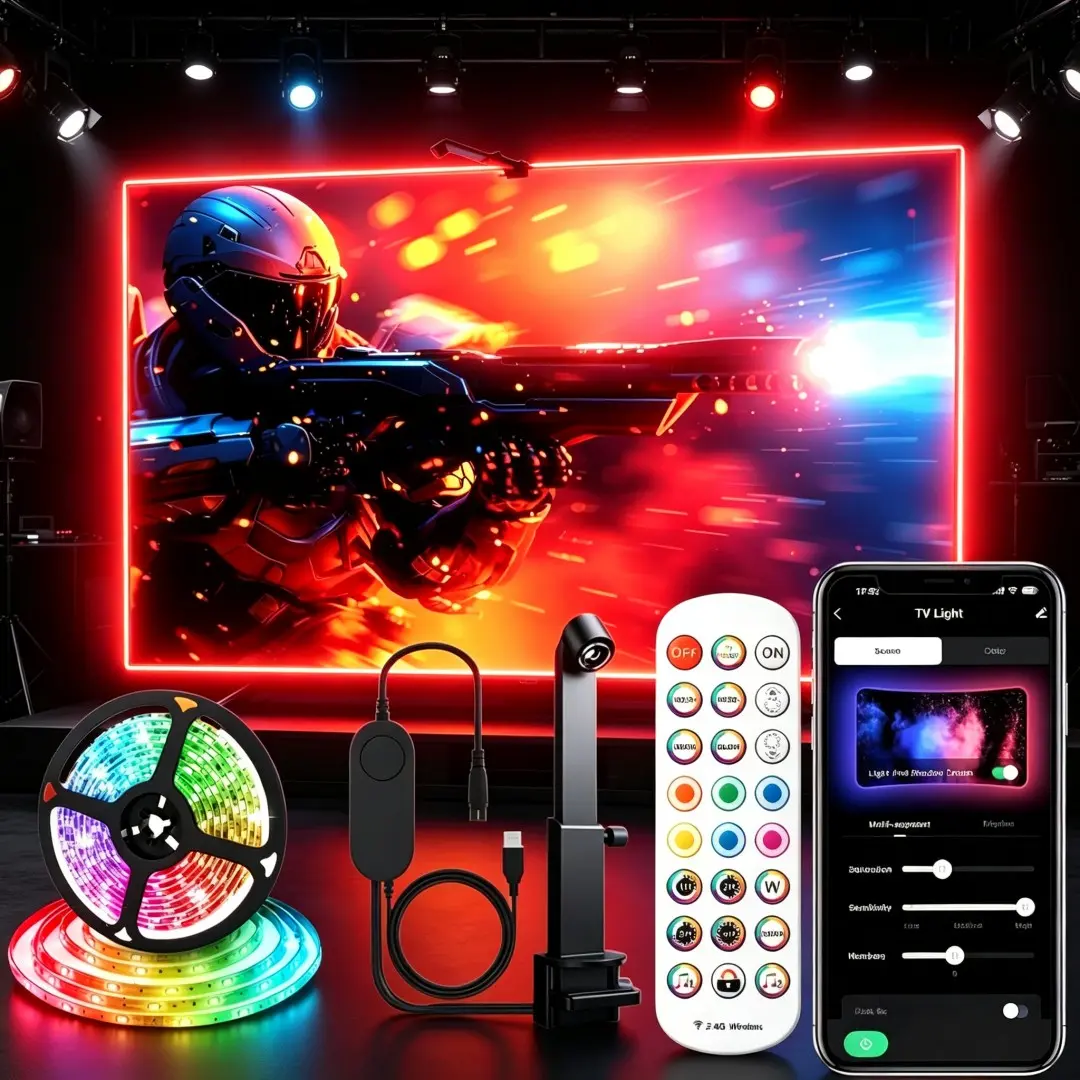 RGB TV Backlight Kit with Camera, Music Sync LED Strip, TV LED Lights, Dual Control APP & Remote, Immersive Lighting for Bedroom Gaming Room