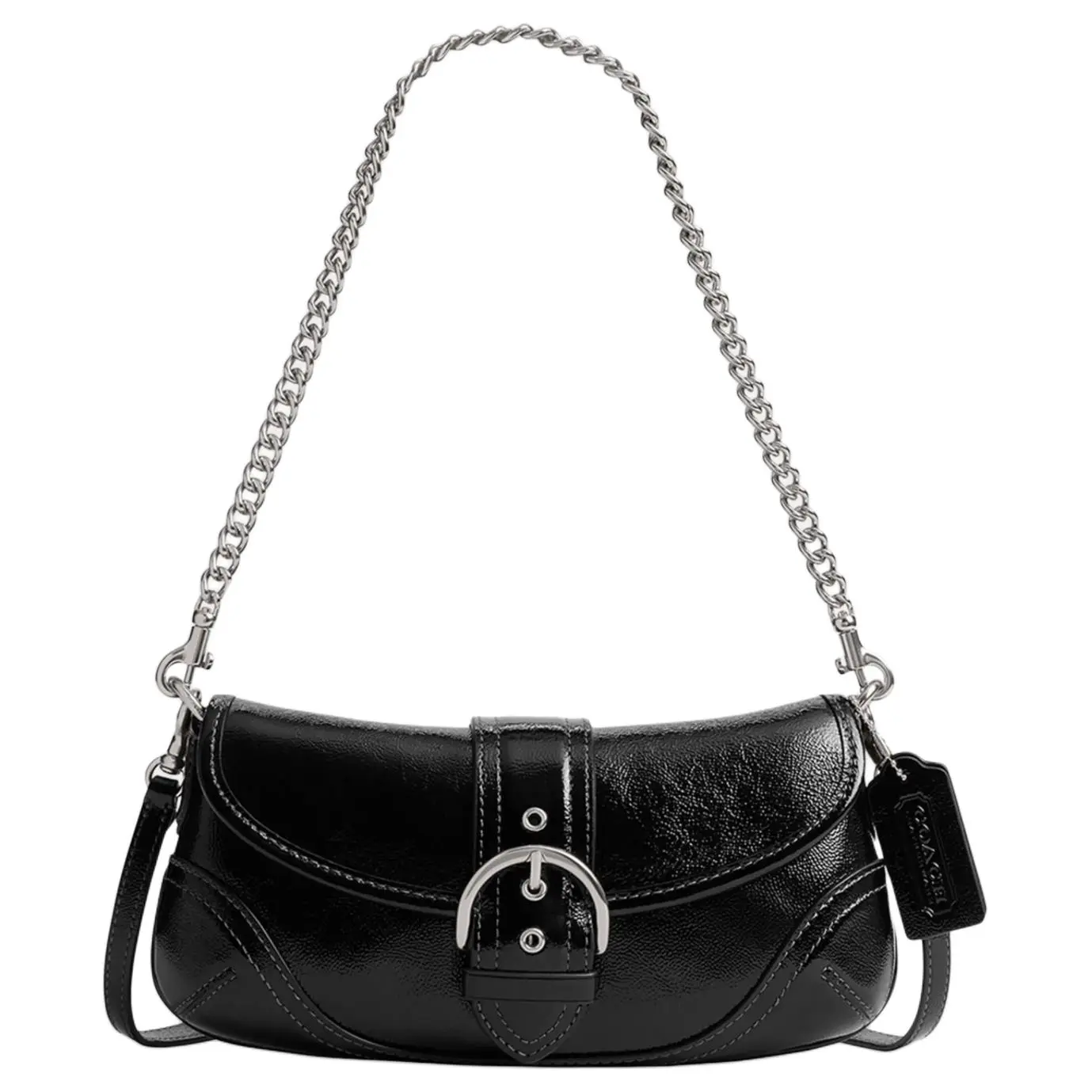 COACH Soho 25 Leather Crossbody Bag for Women, Metallic Silver Hardware, Black Patent Finish