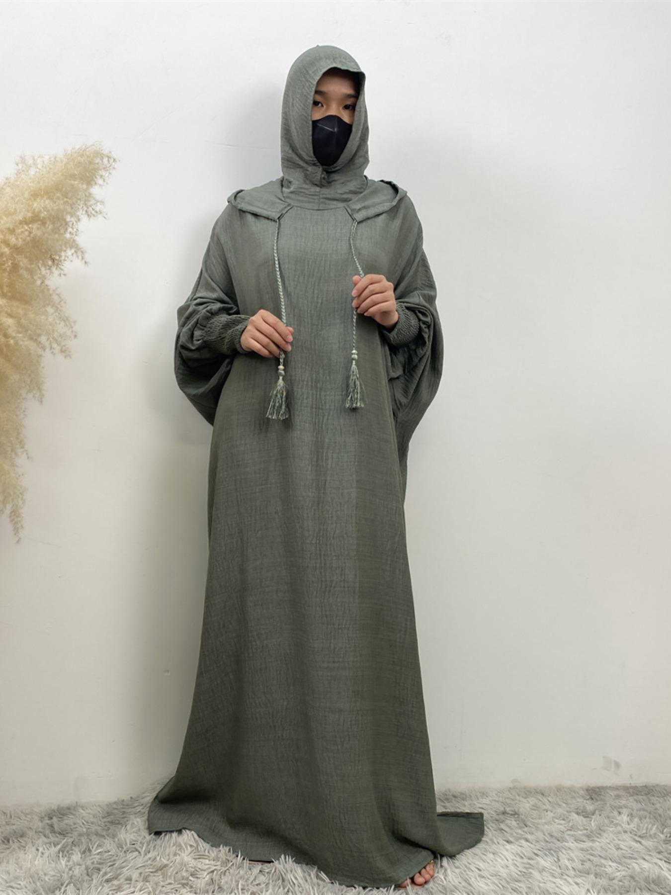 Women's Solid Color Batwing Sleeve Drawstring Hooded Dress, Casual Long Sleeve Shirred Cuff Long Dress for Spring & Fall, Women's Islamic Clothing for Daily Wear