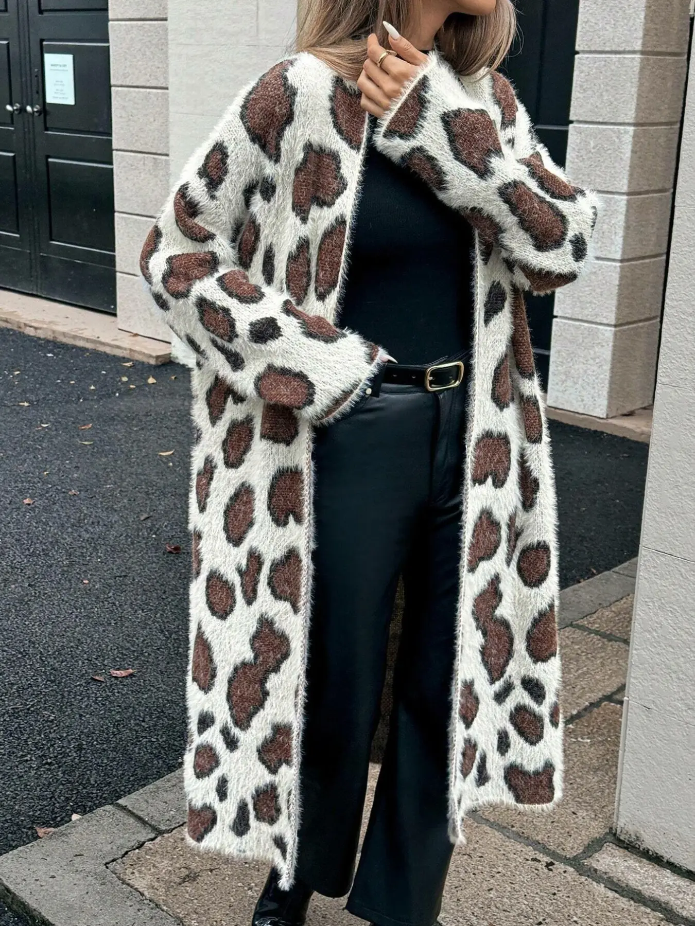 Women's Leopard Print Fuzzy Long Open Front Cardigan, Long Sleeve Mid-Length Knit Sweater Coat, Casual Elegant Outerwear for Spring Autumn, Suitable for Daily Dating, Home Wear, Office Commute, Vacation and Party