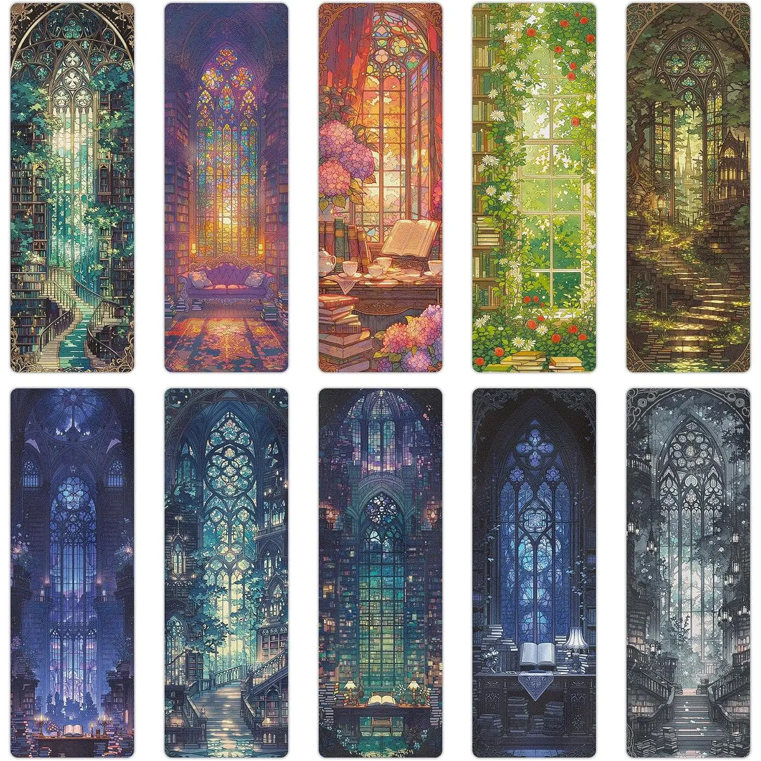 Library Stained Glass Bookmarks, 10 count Flower Cathedral Window Transparent Bookmark for Women Girls, Frosted PVC Book Marks for Reading Book Lovers Book Lover Gifts