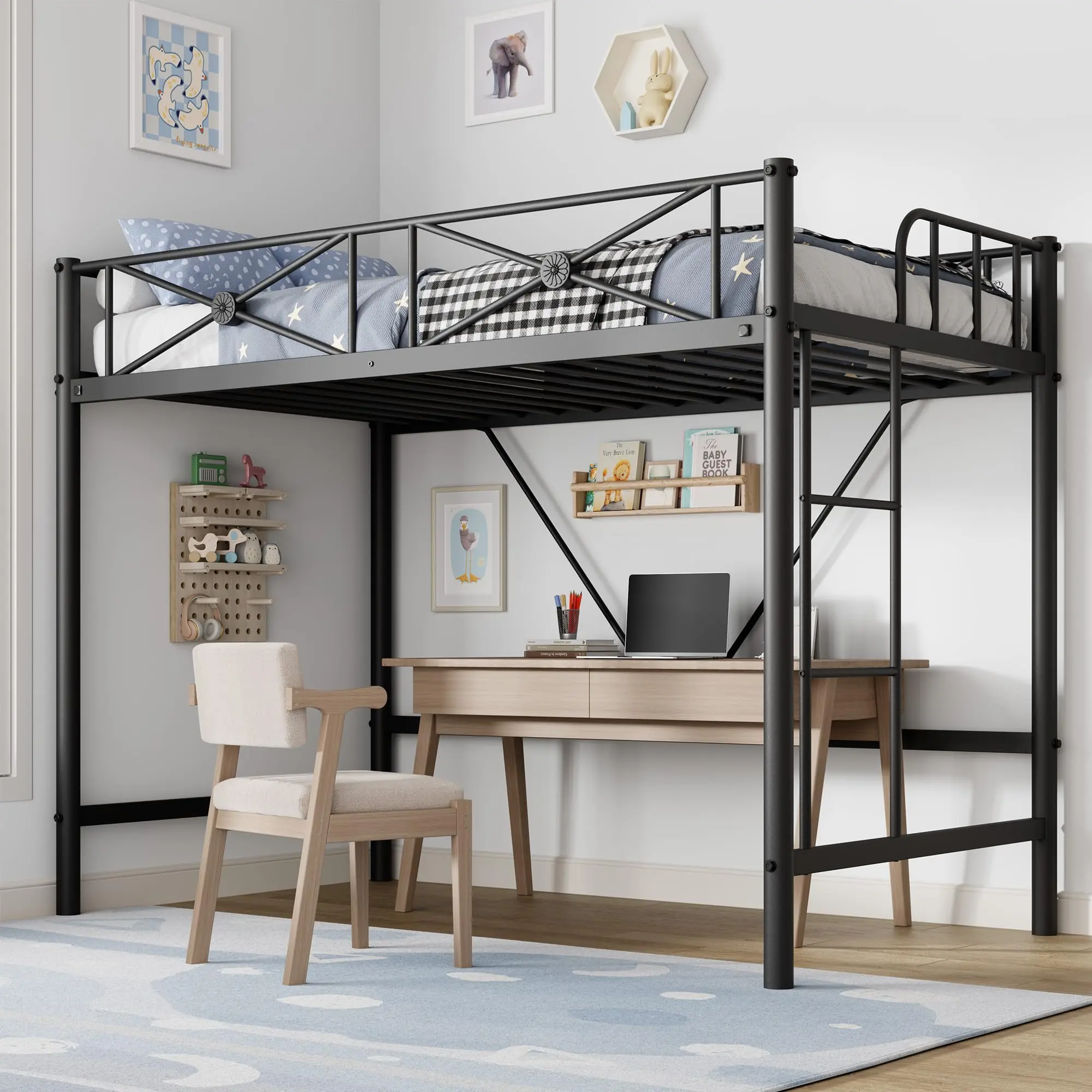 Twin Metal Loft Bed – 400 lb Capacity, Space-Saving, Safety Guard Rails – Noise-Free Bed Frame for Kids, Teens, Adults – Black/Gray