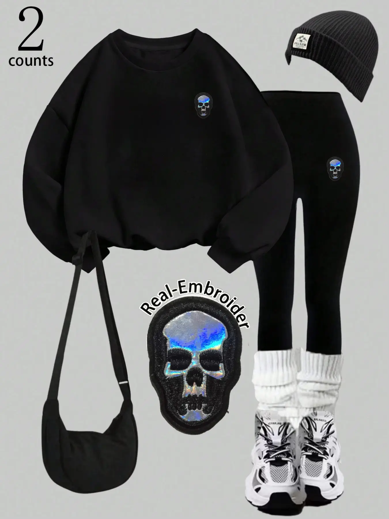 Y2K Dark Punk Two-Piece Set, Laser Skull Embroidery Crewneck Sweatshirt & High-Waist Shark Pants, Comfortable & Stylish Fall Winter