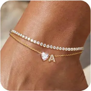 Bestselling Personalized 26 Letters Zircon Heart Pendant Tennis Chain Layered Anklet, Versatile Couple Foot Jewelry