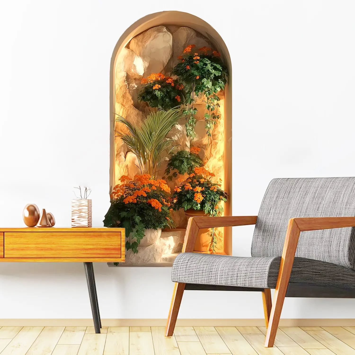 Arched Garden Greenery Wall Stickers Set of Three, Realistic Flower Niche Decor, Living Room Entrance Background Wallpaper, Decorative Wall Sticker