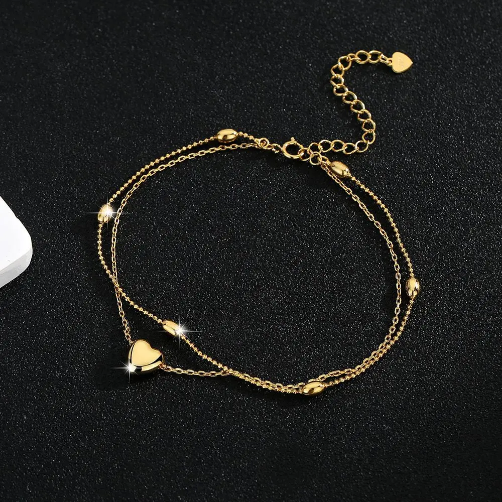Women's S925 Sterling Silver Double-Layer Heart Anklet - Female Fashion Accessory with Unique Look, European-American Style Beach Wear Anklet