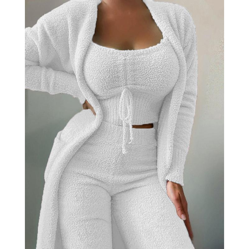 Women's Cozy Plush Loungewear Set Autumn Winter Solid Color 3-Piece Lace-Up Leisure Pajama Set for Home & Lounge Long Sleeve Minimalist Nightwear Fabric Womenswear Cardigan Matching Pants Top Homewear Pjs Basic Casual