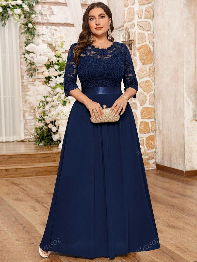 Formal Hem Pleated Elegant MIUSOL Floral Lace Chiffon Party Dress