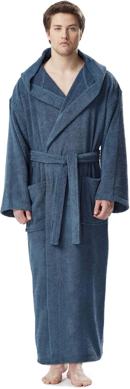 Men's Hooded Classic Bathrobe Turkish Cotton Robe with Full Length Options