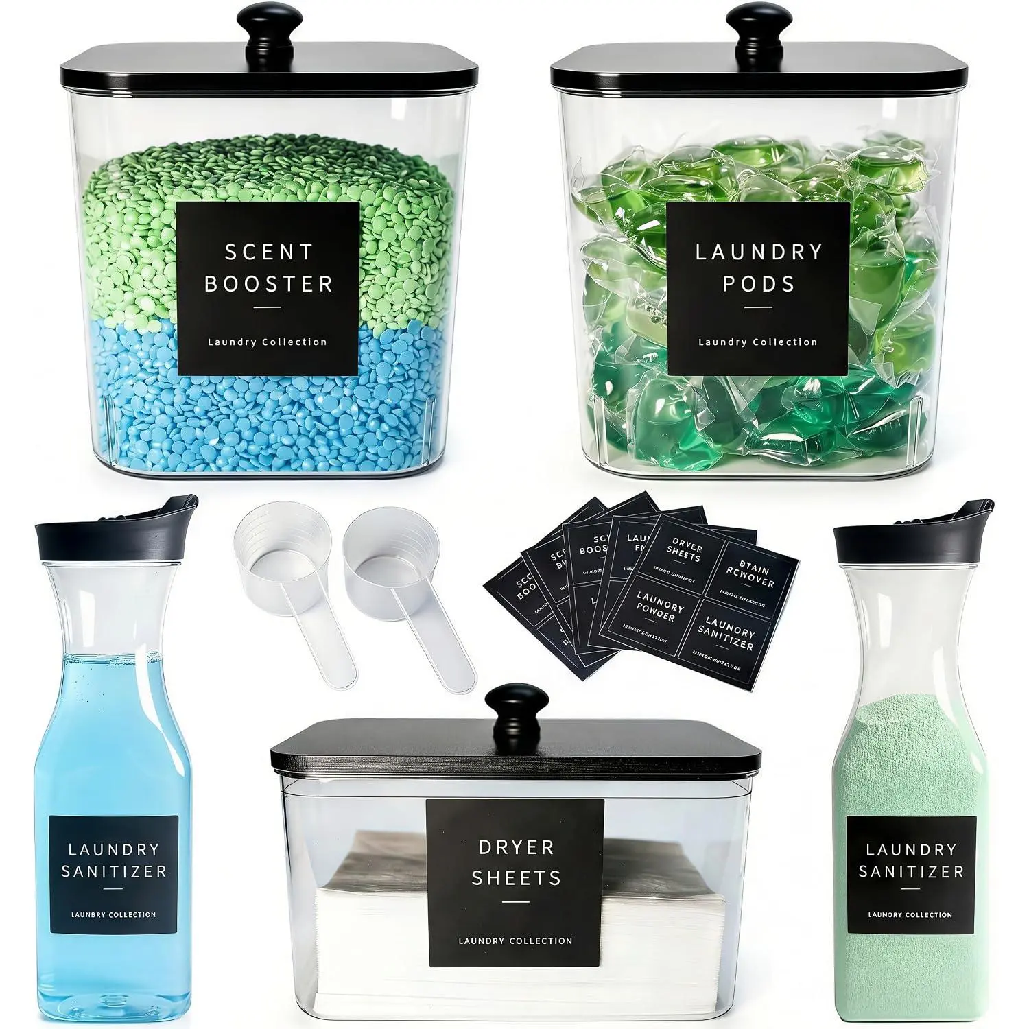 2 Pack Laundry Pods Containers & Dryer Sheet Holder & Laundry Detergent Dispenser, Laundry Room Organization and Storage Jars with , Labels and Scoops for Scent Booster, , Pods