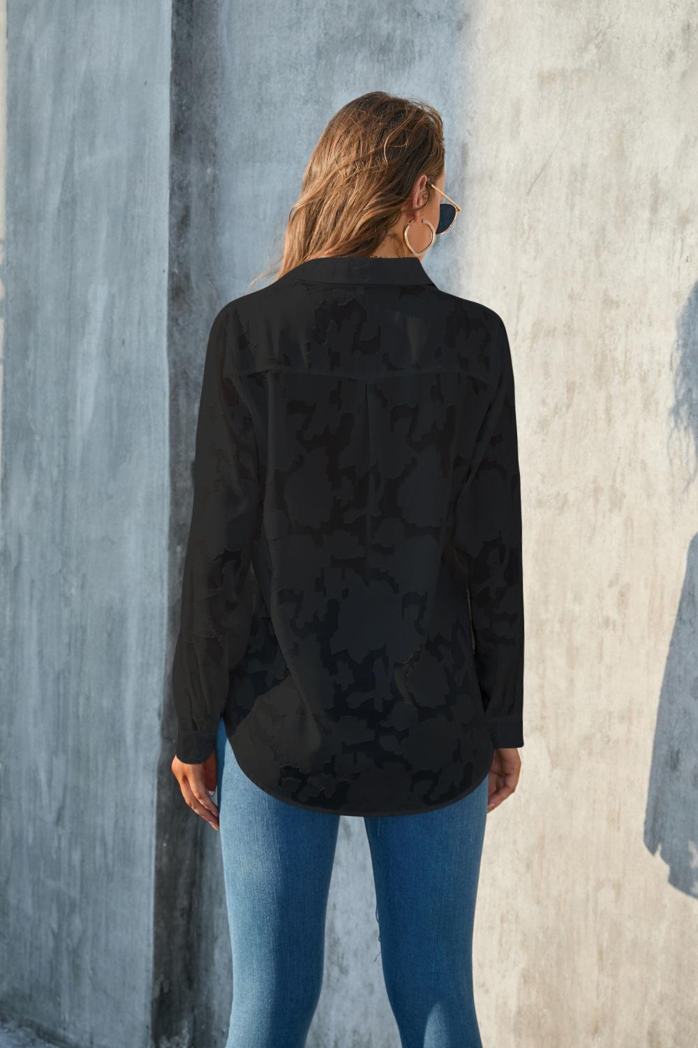 BIGWIG Women's White Elegant Sheer Blouse, Long-Sleeved Jacquard Collar Button-Down Top, Loose-Fitting Shirt, Casual Long-Sleeved Chiffon Blouse, Spring/Summer Outfit