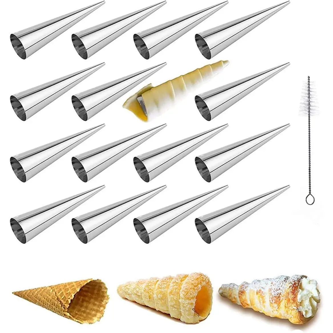 large Cream Horn Molds 5-inch, 16 count Cream Horns Pastry Molds with Cleaning Brush Croissant Baking Forms for Baking Croissants Bead,  Croissant, Brioche Rolls, Party Dessert
