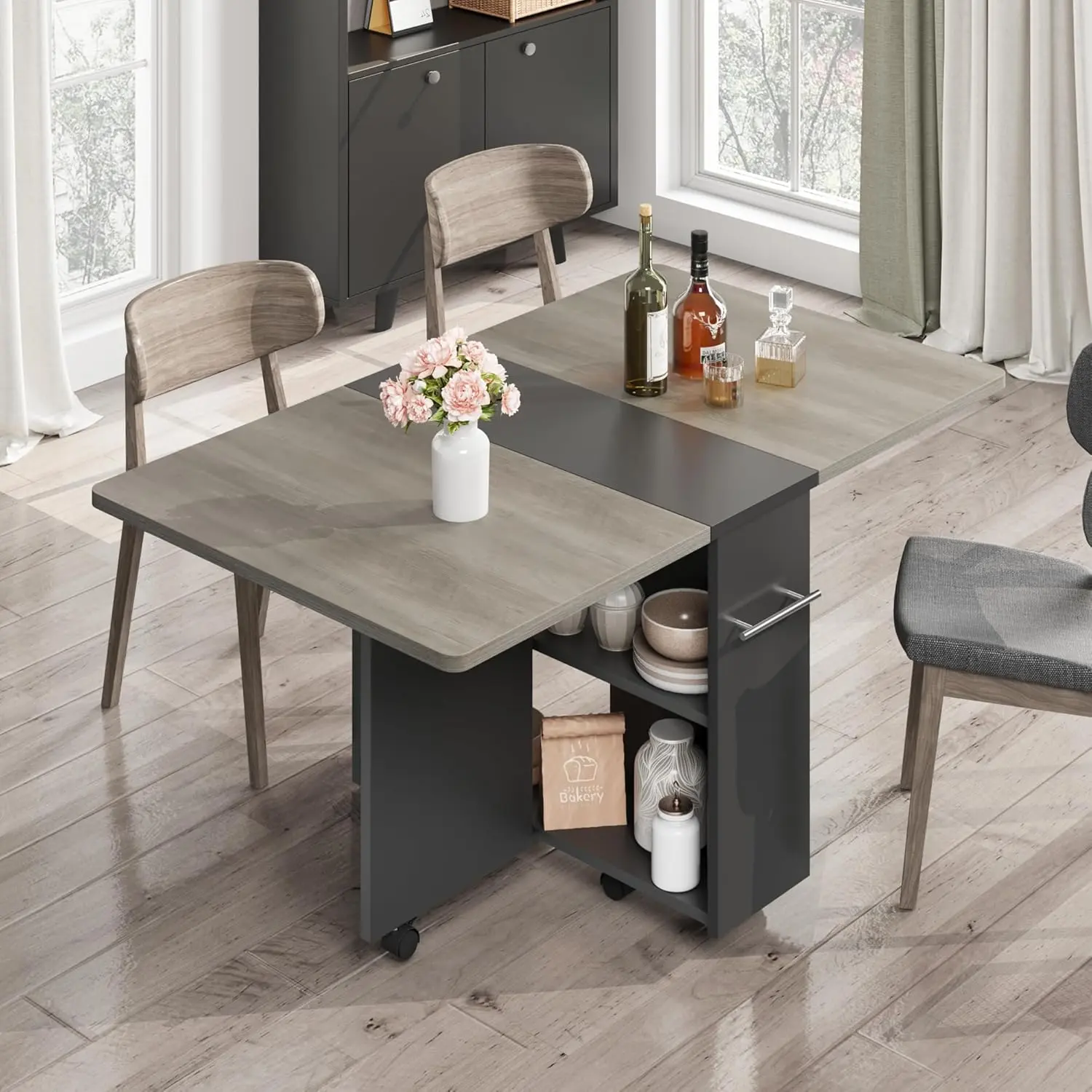 Garvee Space-Saving Folding Dining Table with Drop Leaf – 2-Tier Storage Shelf, 6 Lockable Wheels, Extendable Kitchen Table for Small Apartments – Farmhouse Wood Dining Room Table for 4