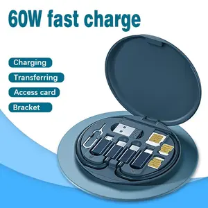 Portable Multifunctional Data Cable Storage Box, 60W Fast Charging Mobile Phone Holder Charging Cable Set Multi Head Conversio