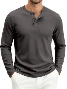 Men's Slim Fit Ribbed Knit Henley Shirt, Button Placket Crew Neck Long Sleeve Tops, Elastic Breathable Basic Shirts for All Seasons