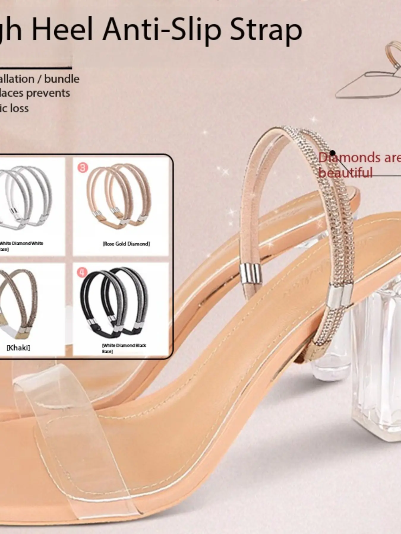 High Heel Shoe Anti-Slip Strap Set, No Installation Buckle, Multi-Color Rhinestone, Adjustable Tightening Shoelace, Secure Fit
