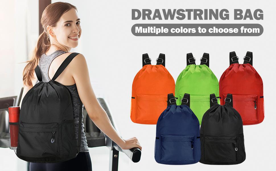 Waterproof Drawstring Bag, Lightweight String Backpack with Water Bottle Holder and Pockets, Gym Sports Cinch Sackpack