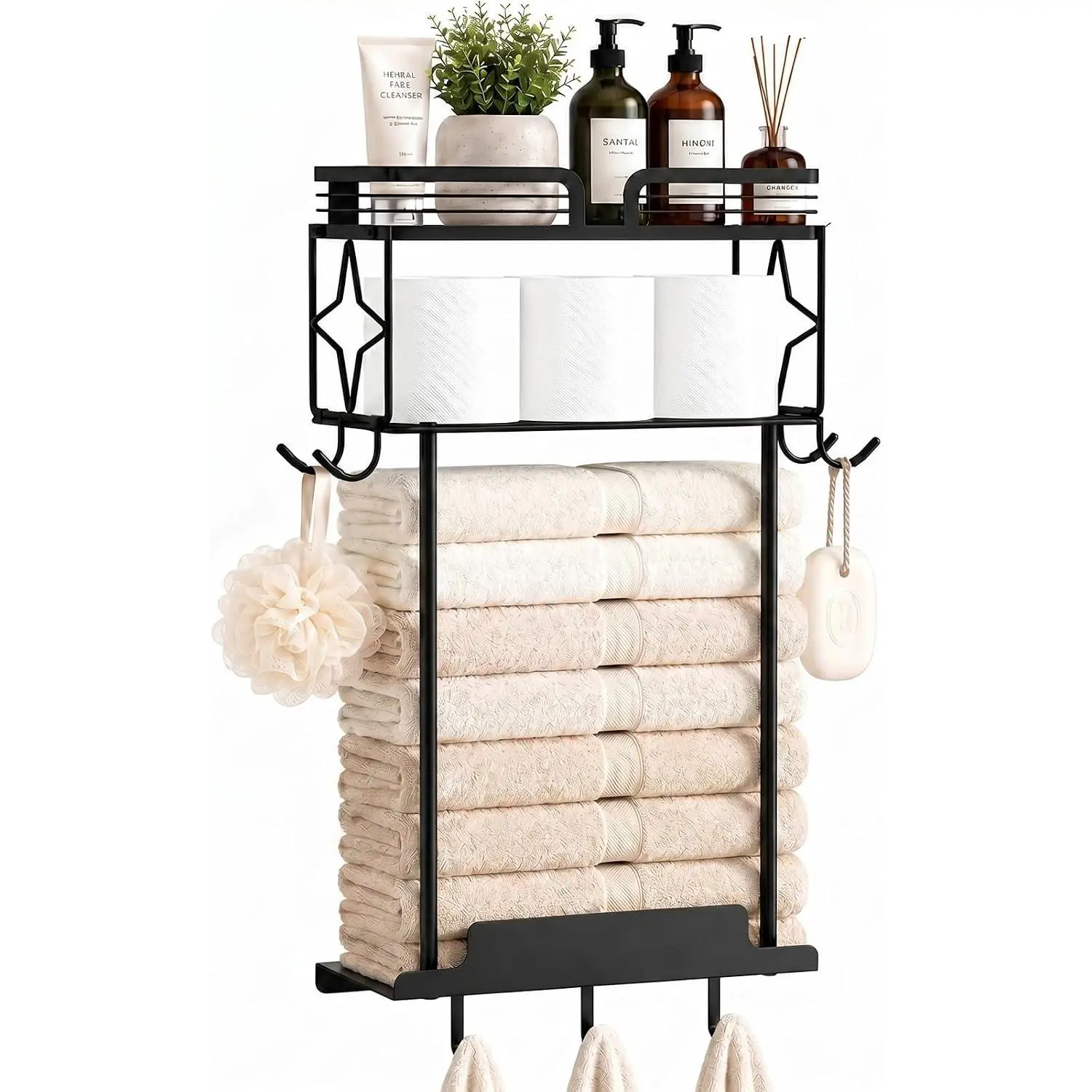 Towel Racks for Bathroom 23.8 Inch Wall Mounted Towel Rack with Shelf, Small Bathroom Towel Storage Holds 3–6 Large Rolled Towels, Metal Wall Towel Rack, Black